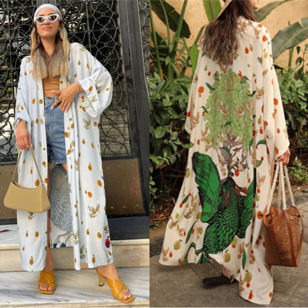 Green Bird Fruit Blossoms Kimono Duster